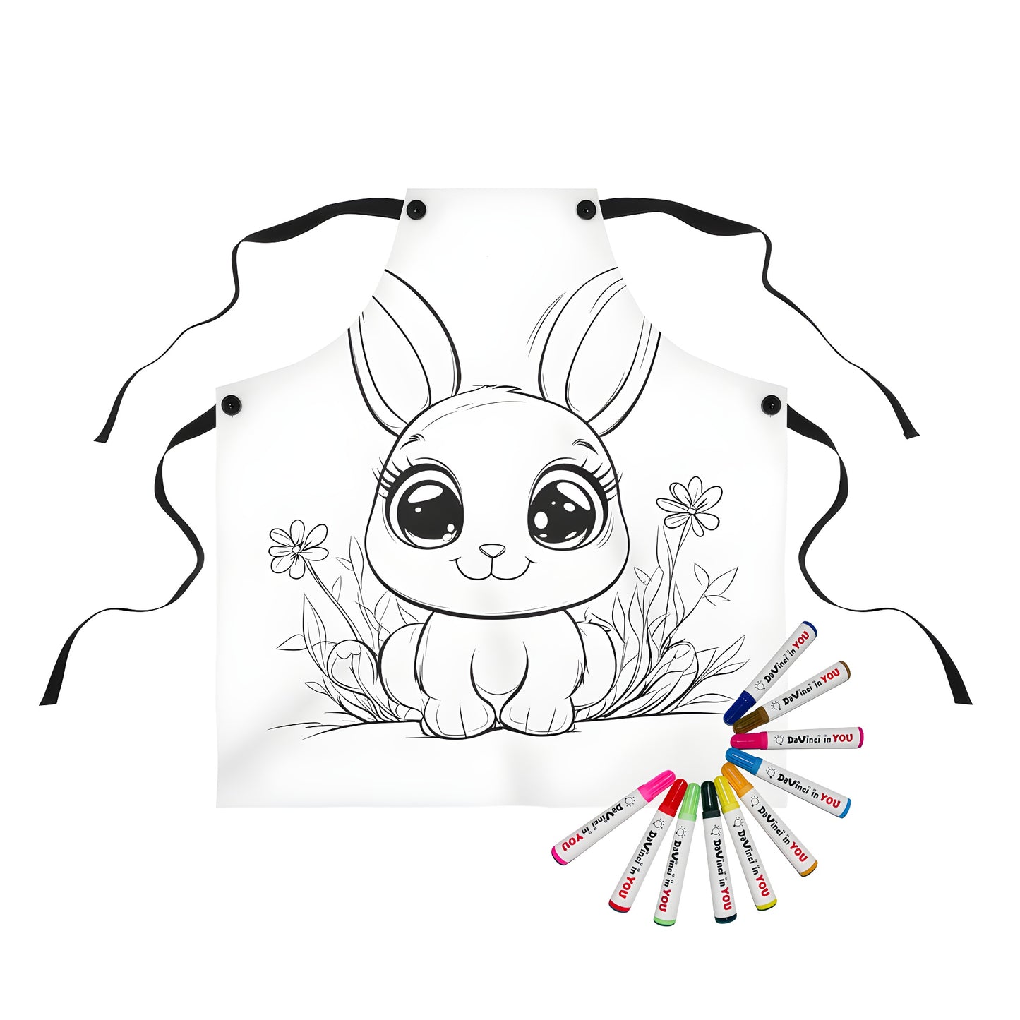 Apron featuring a cartoon cute bunny design, adorable fluff ball among colorful flowers and plants for kids to color