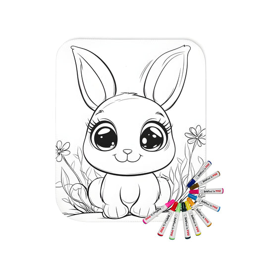 Blanket with adorable cartoon bunny, colorful flowers, and whimsical garden illustrations