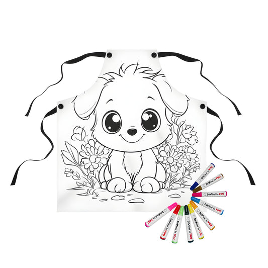 Apron with cute puppy design, fun and colorful fabric markers included