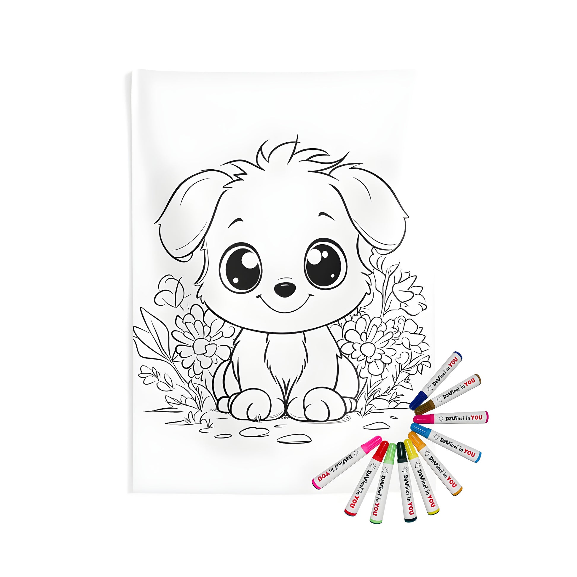 Indoor wall tapestries with cute puppy designs, featuring adorable puppies sitting among flowers. Perfect for dog lovers and fans of coloring pages.