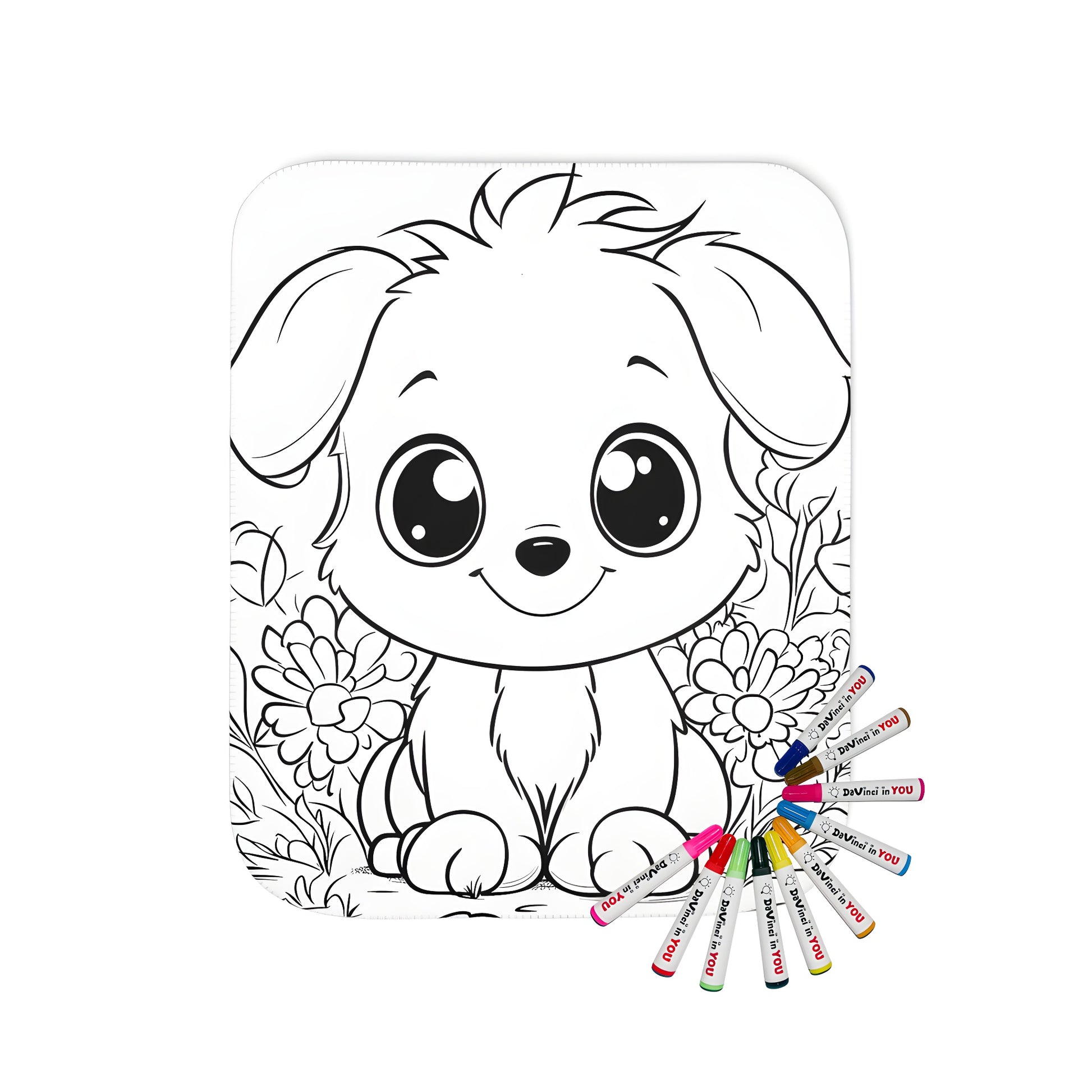 Cozy blanket with cute dog design, features a black and white puppy silhouette sitting among colorful flowers