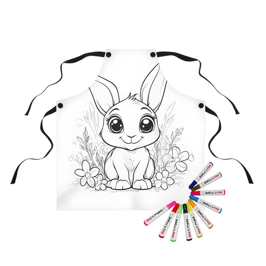 Coloring apron with adorable cartoon bunny design, featuring a cute little bunny with big eyes, sitting among colorful flowers