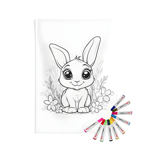 Coloring Kit for Adults featuring a Fun Cartoon Bunny Illustration on an Indoor Wall Tapestry, Perfect for Decorating and Relaxation