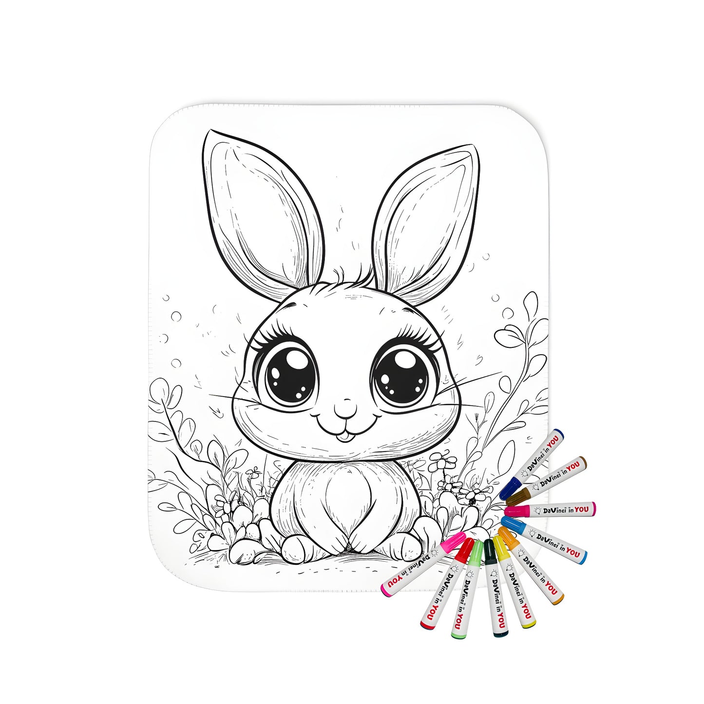 Blanket with adorable bunny design, featuring colorful flowers and big eyes