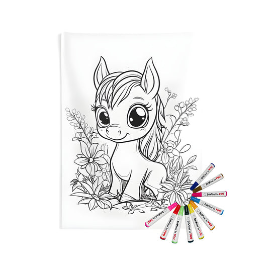 Coloring kit for indoor wall tapestries featuring cute pony design with big eyes and blooming flowers