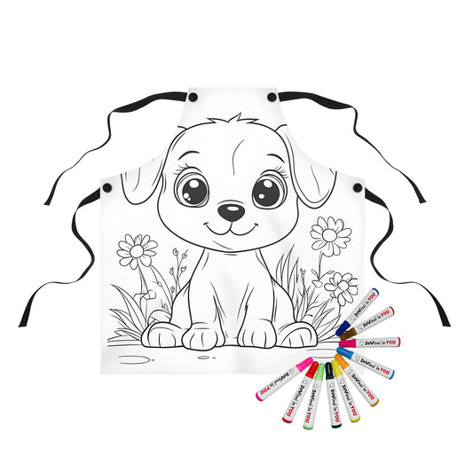 Apron featuring cute puppy design and colorful flower details, perfect for kids' art activities