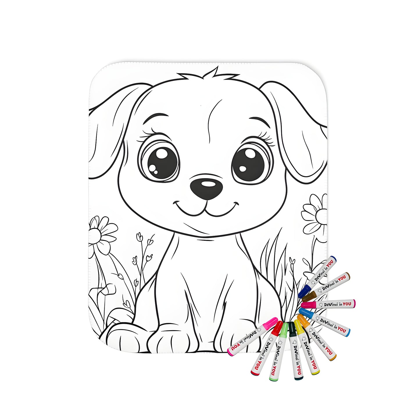 Cozy blanket featuring a cute dog illustration, perfect for pet lovers and adult coloring enthusiasts.