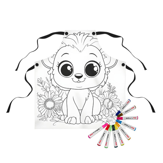 Colorful lion artwork on an apron perfect for kids and adults alike to color, featuring cute illustrations of a cub with big eyes sitting in front of flowers.