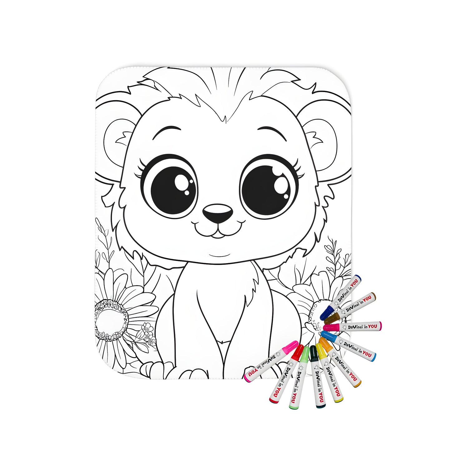 Cute lion cub blanket with fabric markers, perfect for kids and adults alike