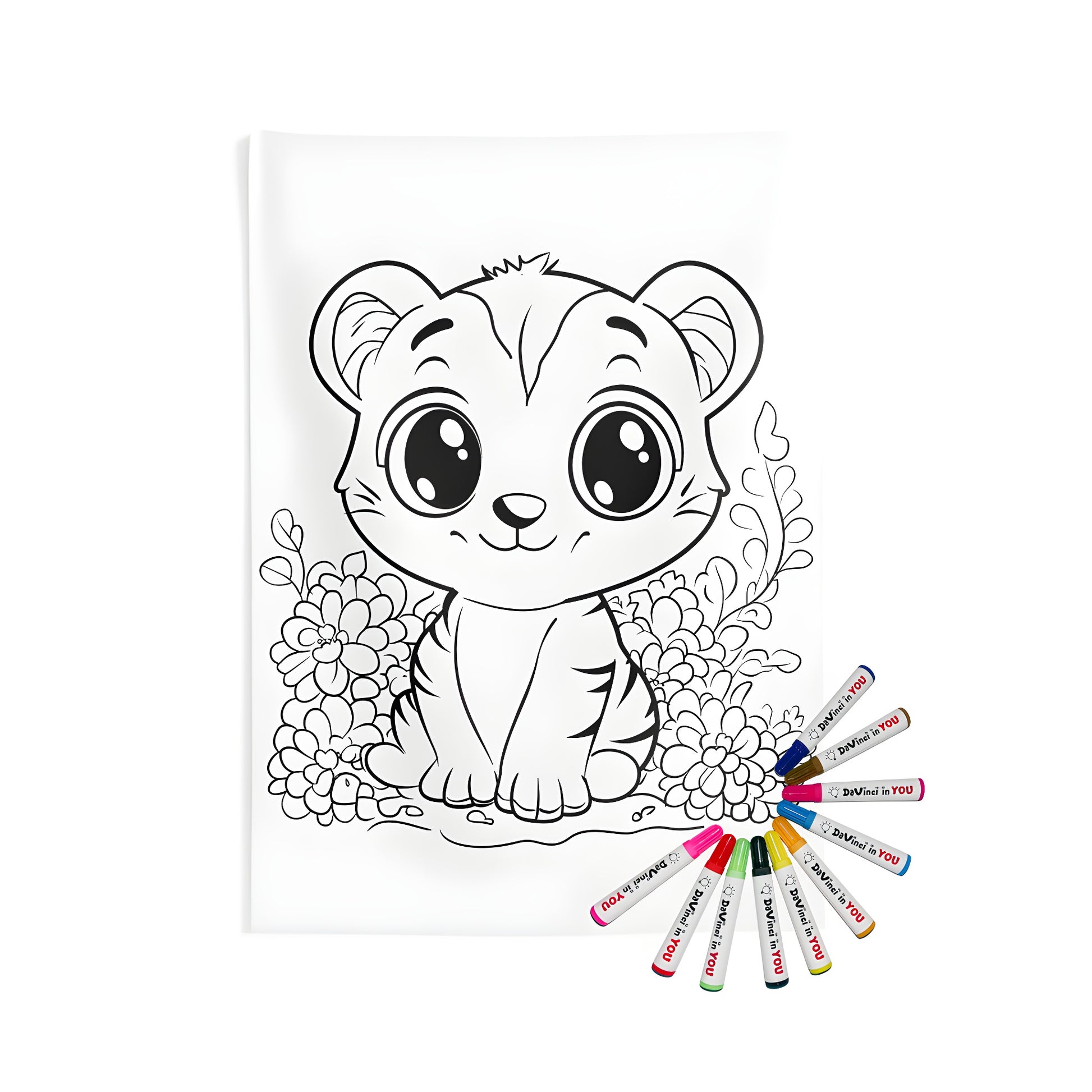 Adorable baby tiger wall tapestry for kids, colorful fabric markers included