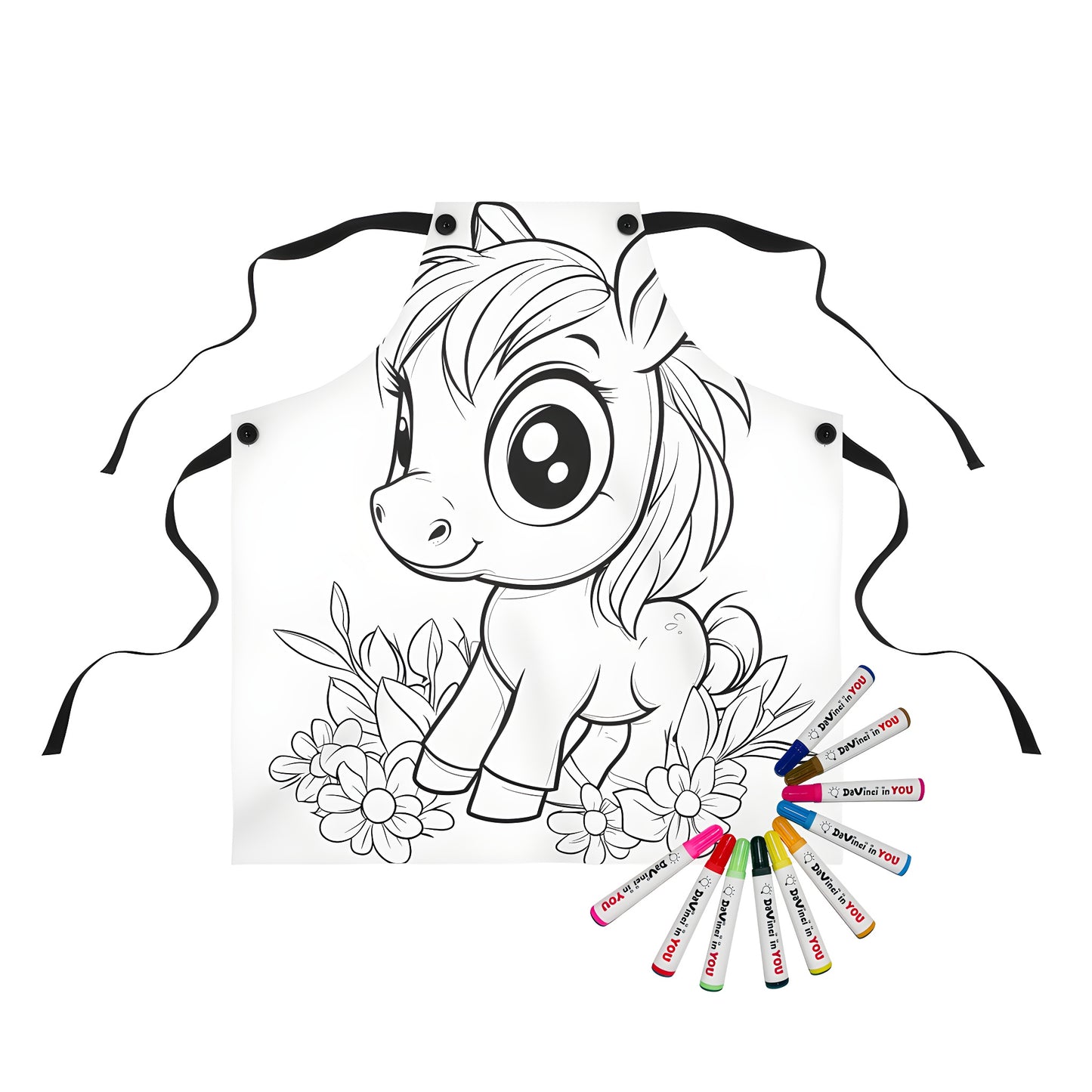 Coloring apron with cute pony design, featuring a sweet pony among flowers