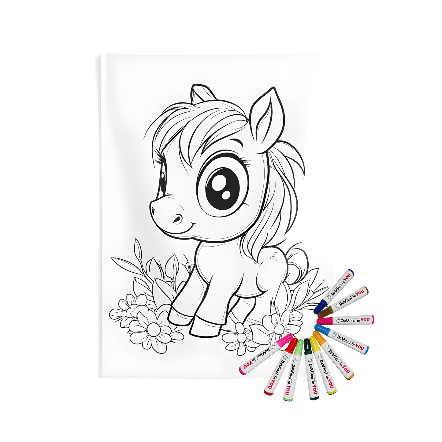 Coloring page of a sweet pony amidst vibrant flowers, ideal for indoor wall tapestries