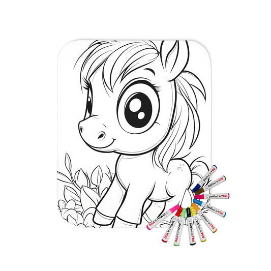 Blanket featuring a cute pony design with colorful markers and flowers