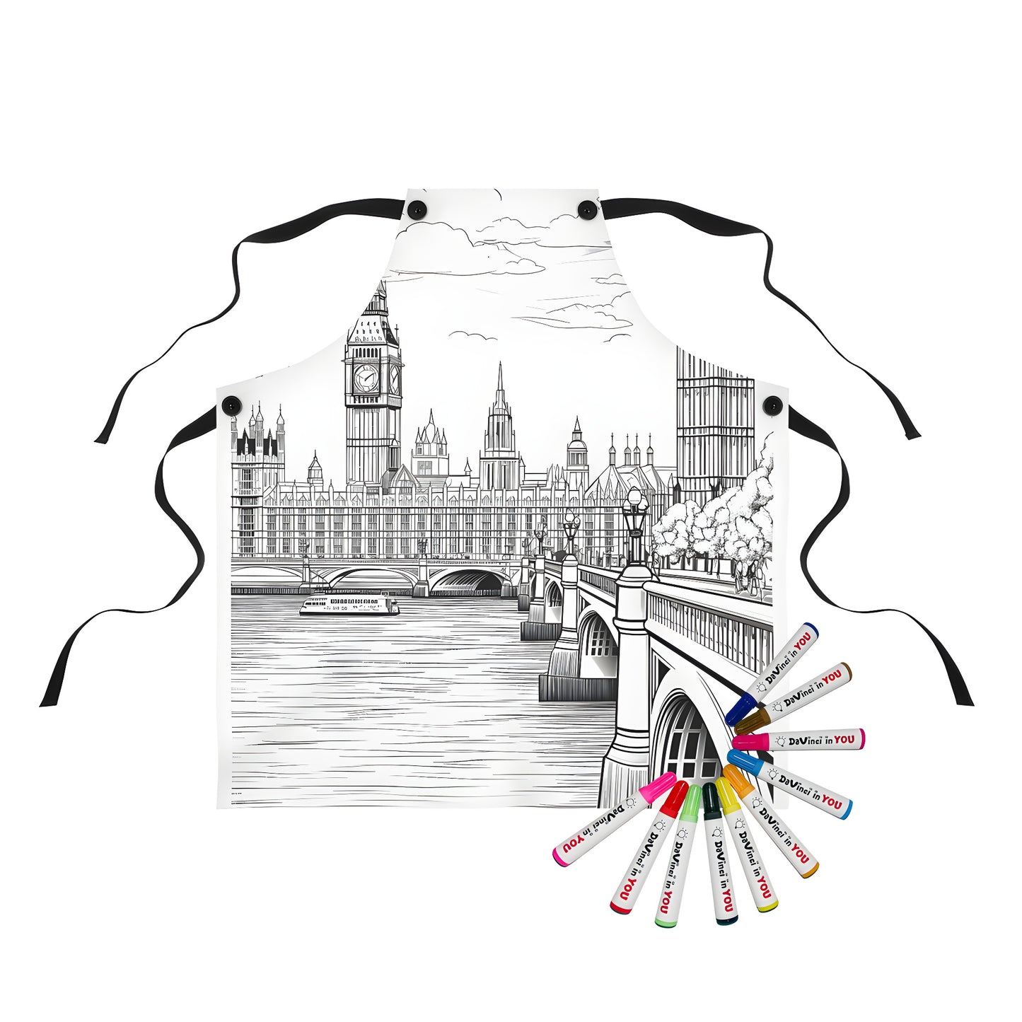 Apron with colorful London cityscape design, featuring Big Ben, Tower Bridge, and iconic buildings, by fabric marker coloring kit