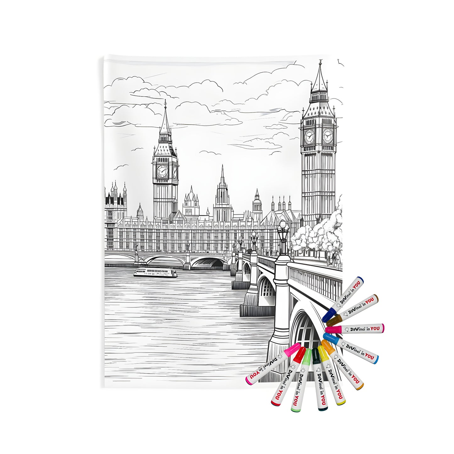 London themed wall tapestry indoor decor featuring Big Ben, cityscape illustration