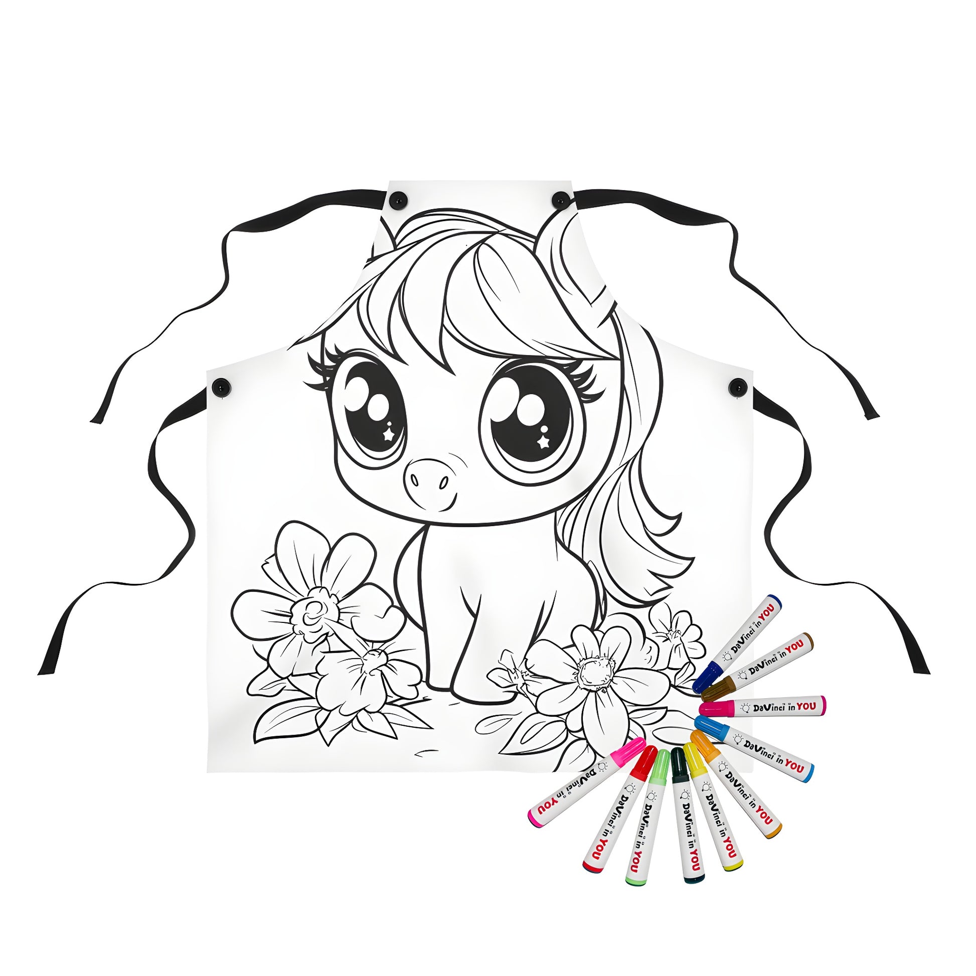 Coloring apron featuring a cute pony illustration with big eyes surrounded by flowers in black and white line art style