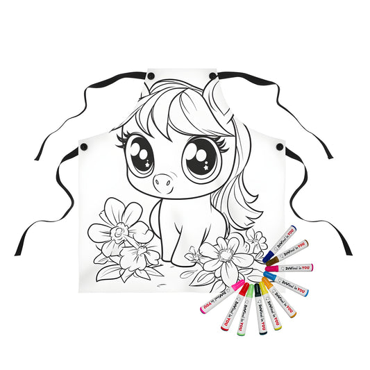 Coloring apron featuring a cute pony illustration with big eyes surrounded by flowers in black and white line art style