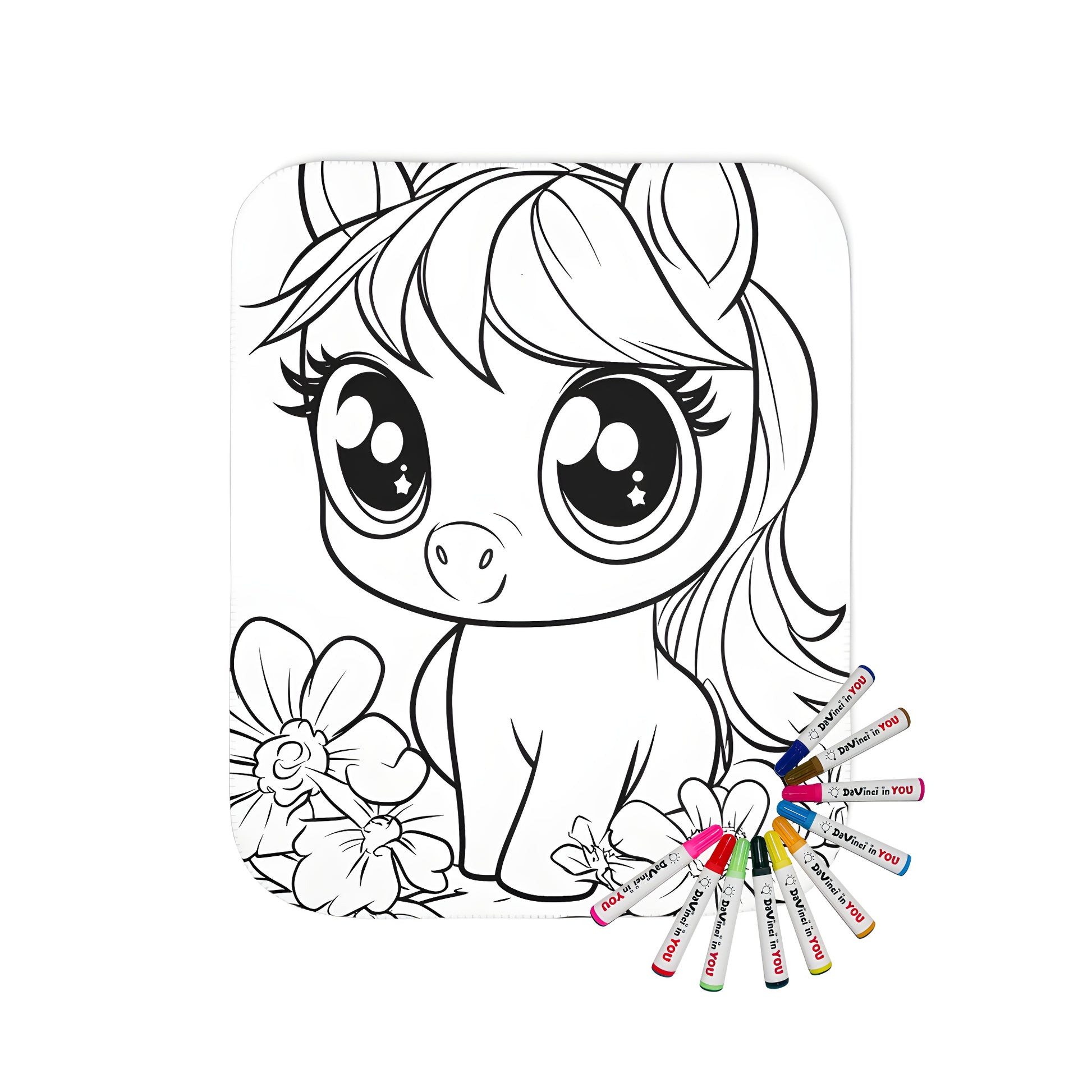 Cute pony blanket for kids, adult coloring page inspired design, black and white line art, perfect for colouring