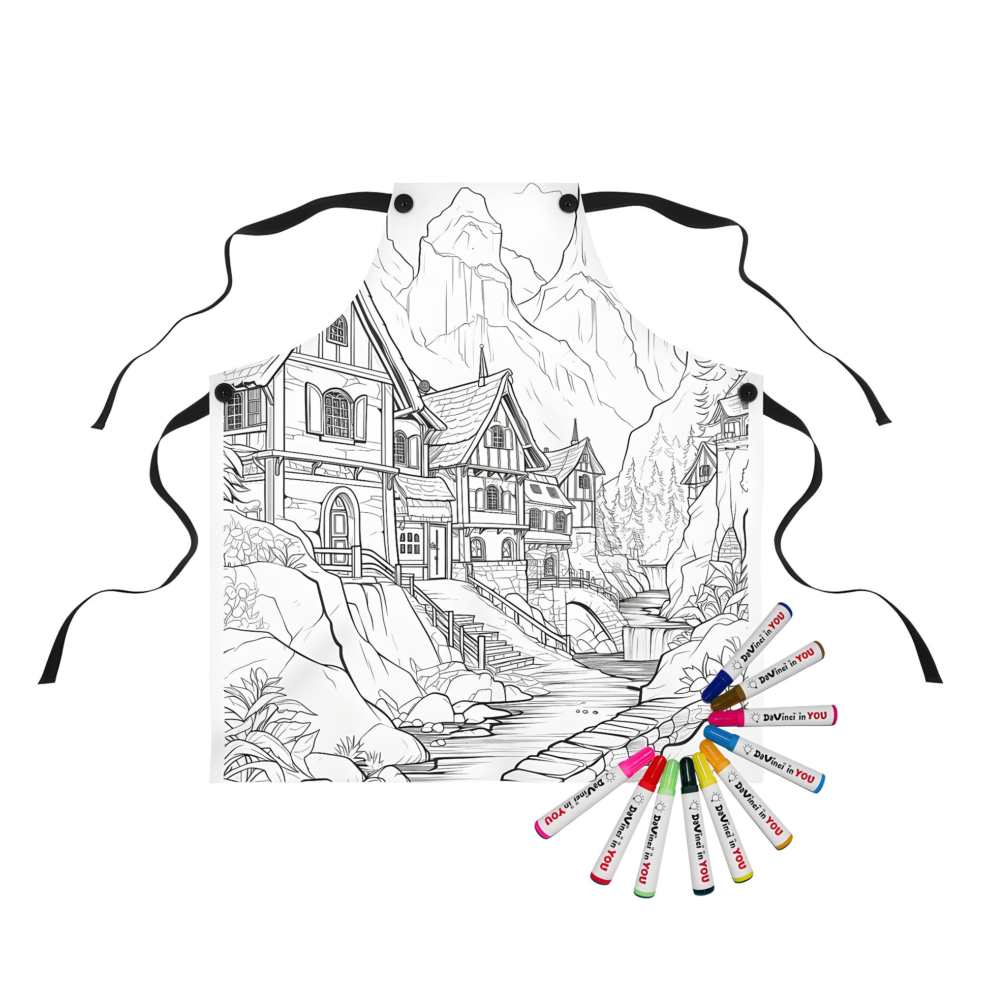 Coloring apron featuring black and white mountain village scene with houses, stream, bridge, mountains, and nature