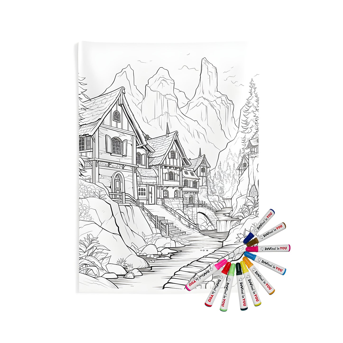 A beautiful black and white mountain scene artwork featuring a serene village surrounded by nature