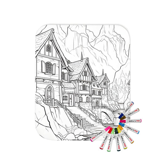 Blanket with mountain village houses design, featuring a black and white drawing of quaint homes, a serene stream, a rustic bridge, majestic mountains, and lush natural surroundings