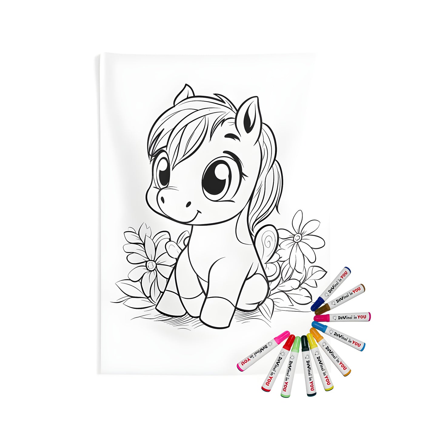 Coloring page inspired wall tapestry of a sweet pony with big eyes and smiling face surrounded by flowers