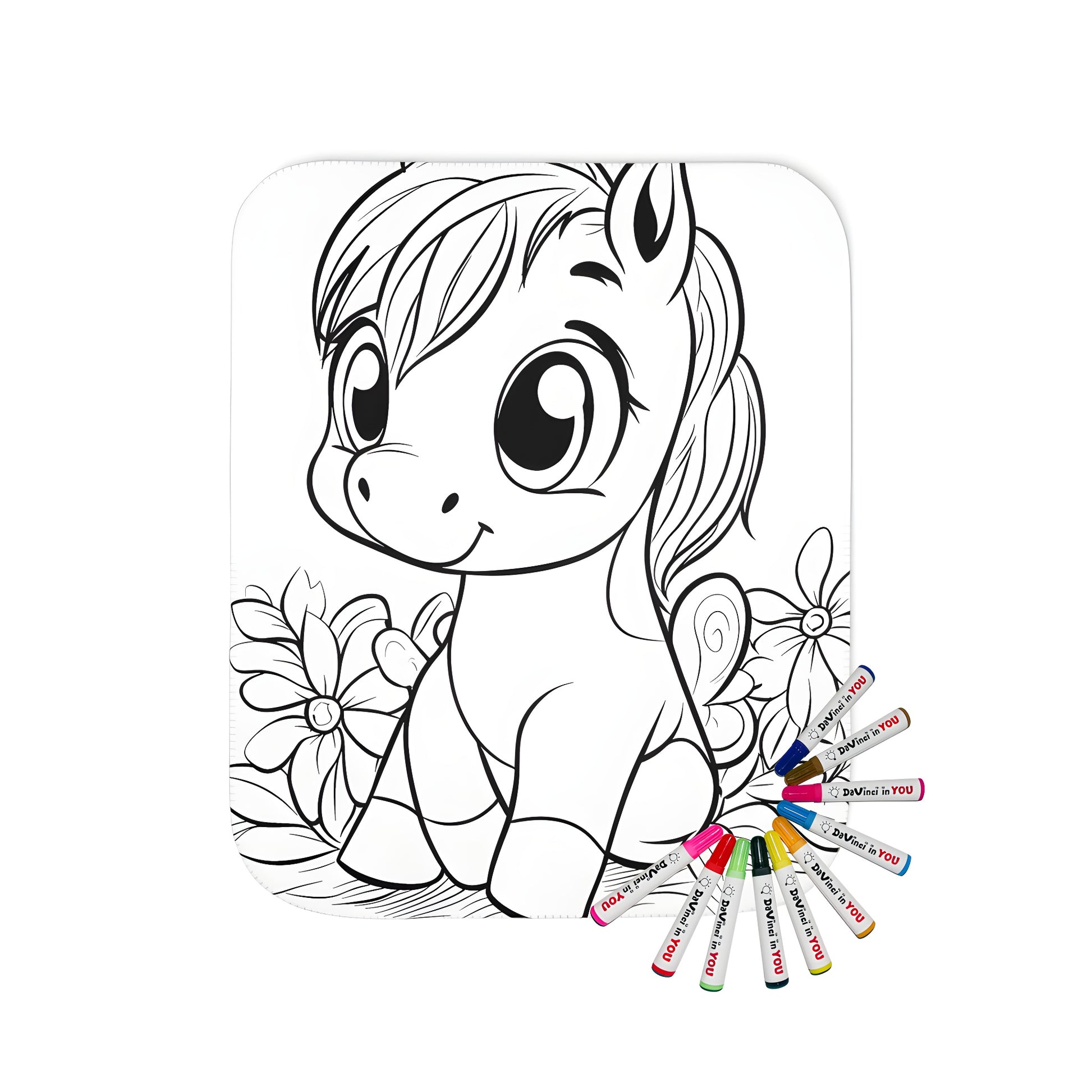 Coloring blanket featuring a delightful pony with big eyes and a smiling face, amidst colorful flowers. Perfect for kids' creativity and relaxation.