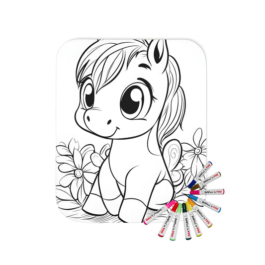 Coloring blanket featuring a delightful pony with big eyes and a smiling face, amidst colorful flowers. Perfect for kids' creativity and relaxation.