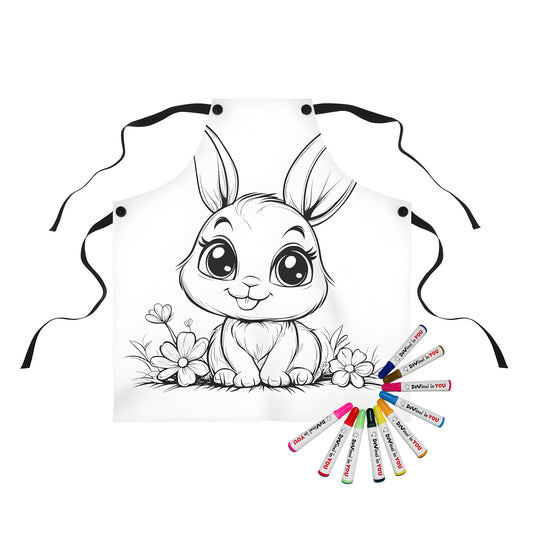 Apron with cute bunny design, adorable cartoon character, happy bunny illustration