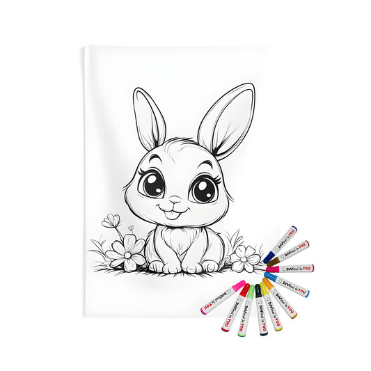 Indoor wall tapestries design featuring a cute bunny illustration among flowers, perfect for home decor and coloring enthusiasts.