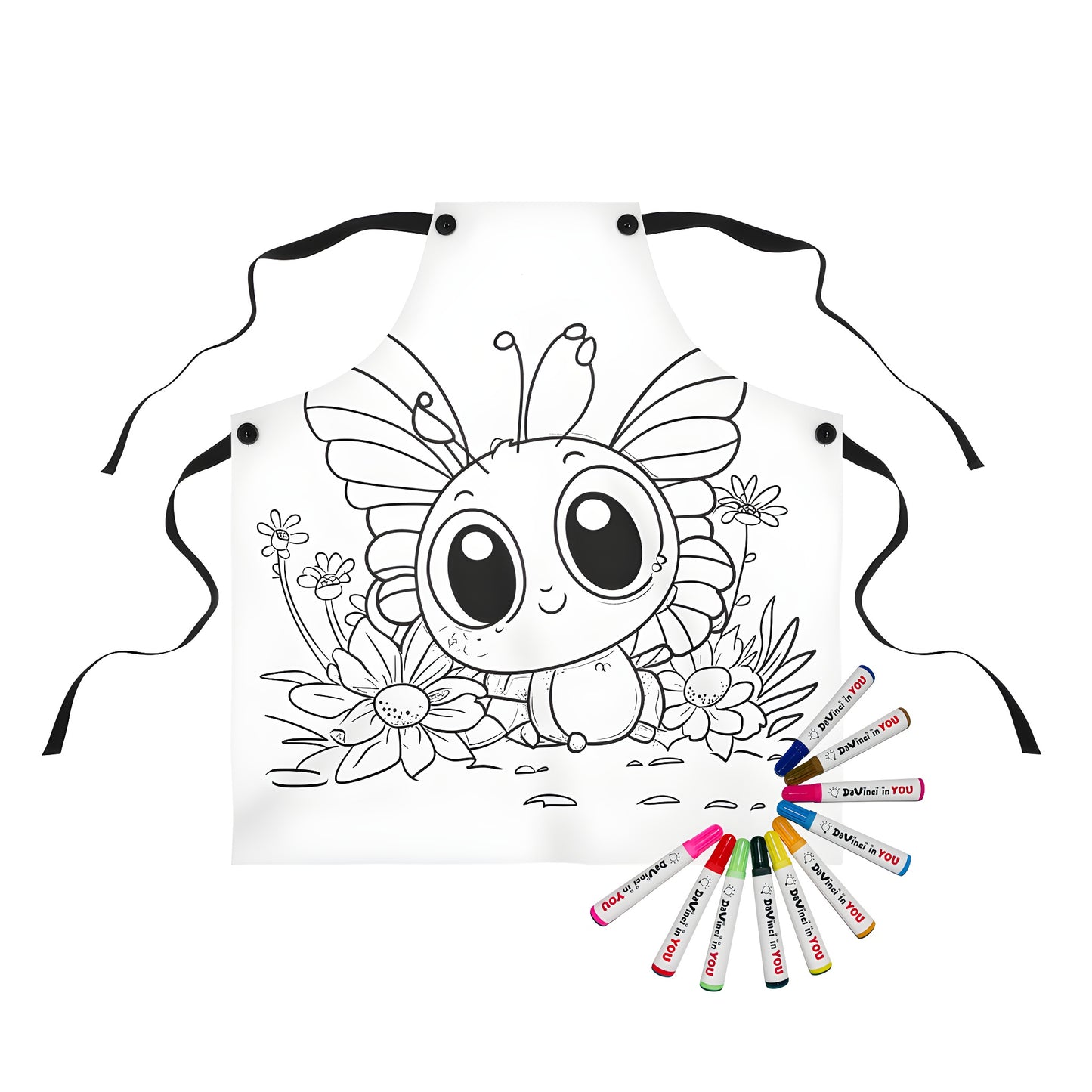 Coloring apron with cute butterfly design and big eyes sitting among flowers