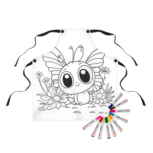 Coloring apron with cute butterfly design and big eyes sitting among flowers