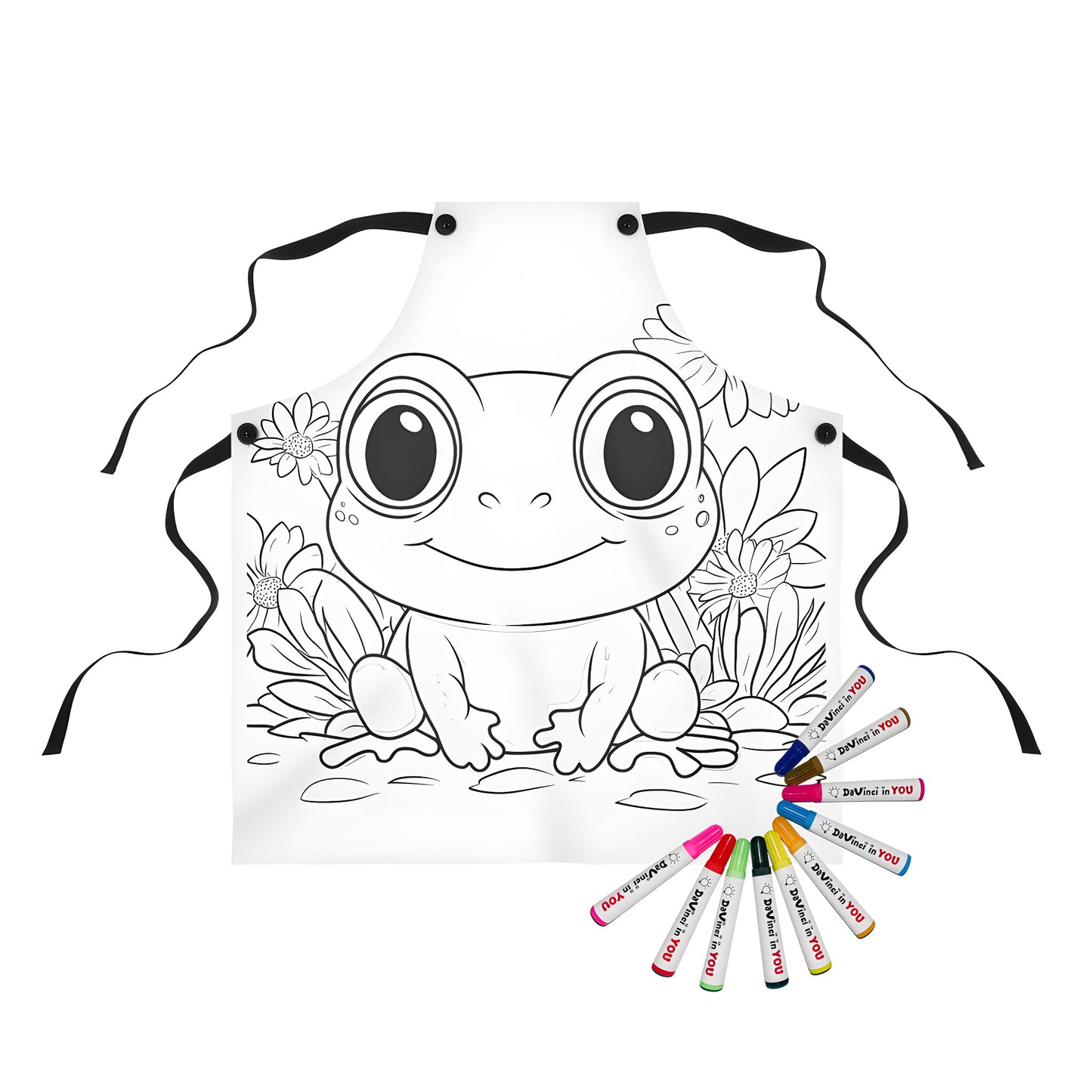 Cute frog apron design featuring a happy frog with big eyes surrounded by colorful flowers and leaves, perfect for kids and adults alike