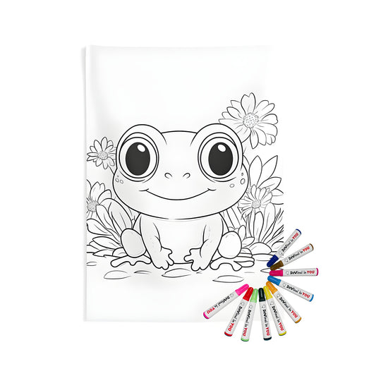 Cute Frog Indoor Wall Tapestry, Happy Frog Coloring Page Design, Floral and Leaf Patterns, Home Decor