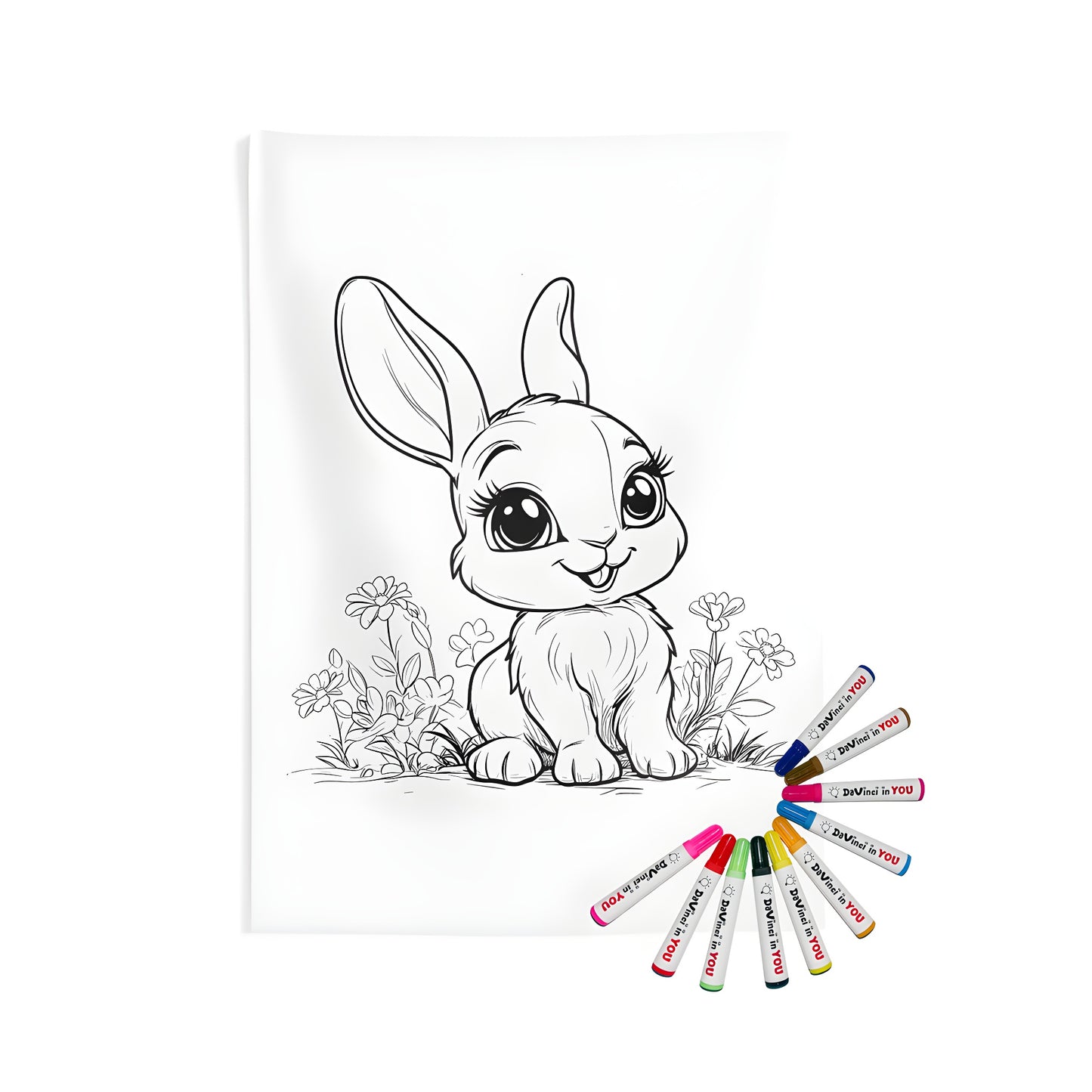 Wall tapestry featuring adorable cartoon bunny among flowers - Adult Coloring Page