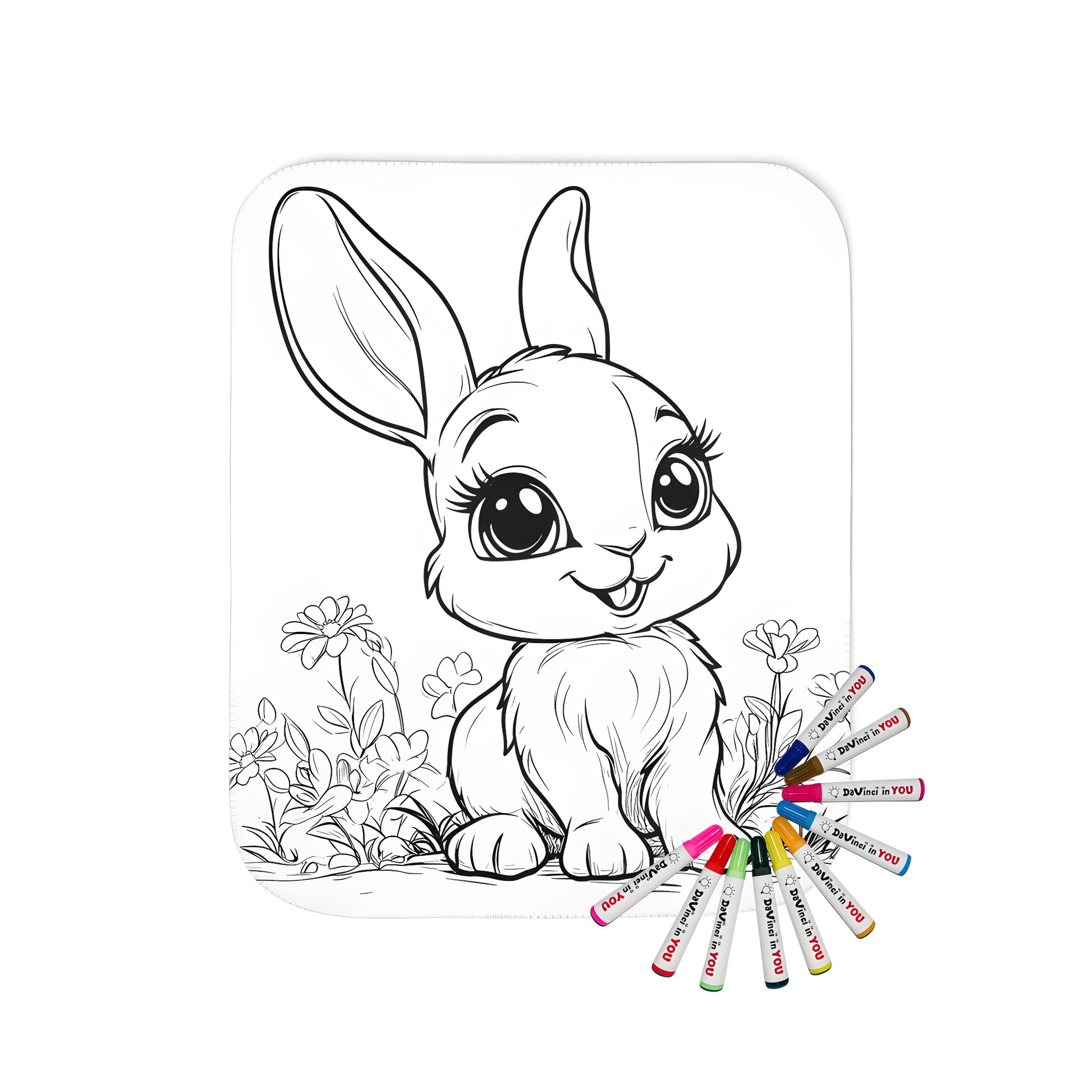 Blanket featuring adorable cartoon bunny among flowers design