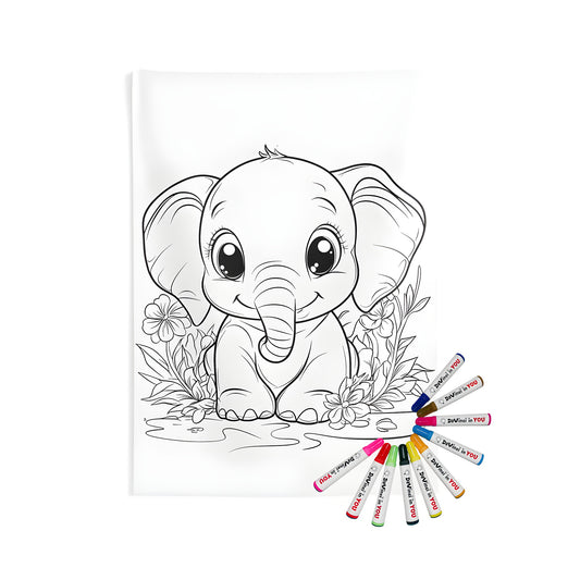 Indoor wall tapestry featuring a cute baby elephant design, perfect for nursery decor