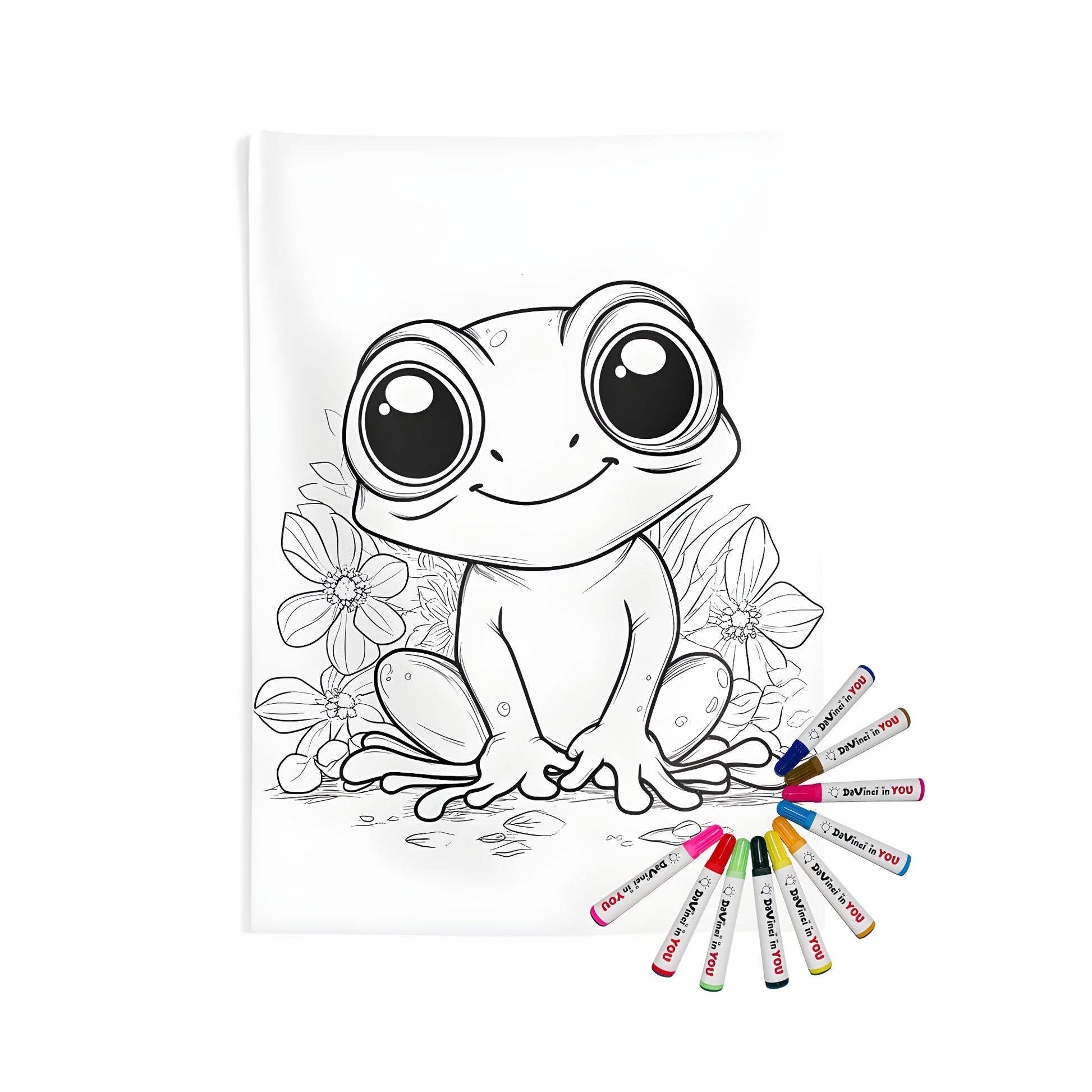 Colorful indoor wall tapestry featuring adorable frogs with big eyes and smiling faces surrounded by flowers. Perfect for kids' coloring activities.