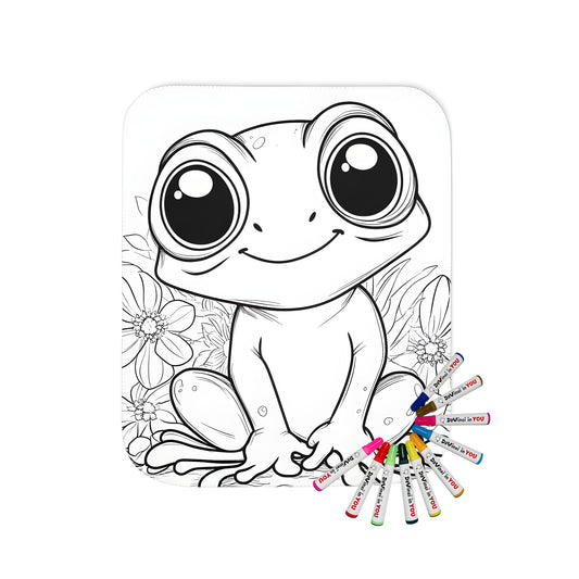 A soft blanket with a fun and colorful cute frog, big eyes, smiling face design surrounded by flowers