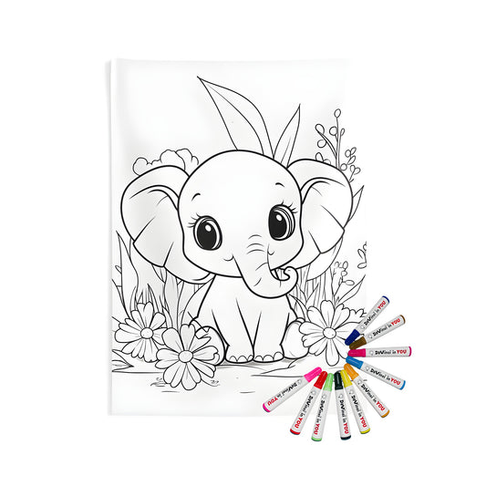 Indoor wall tapestries featuring cute baby elephant illustration, perfect for kids' bedrooms or nursery decor