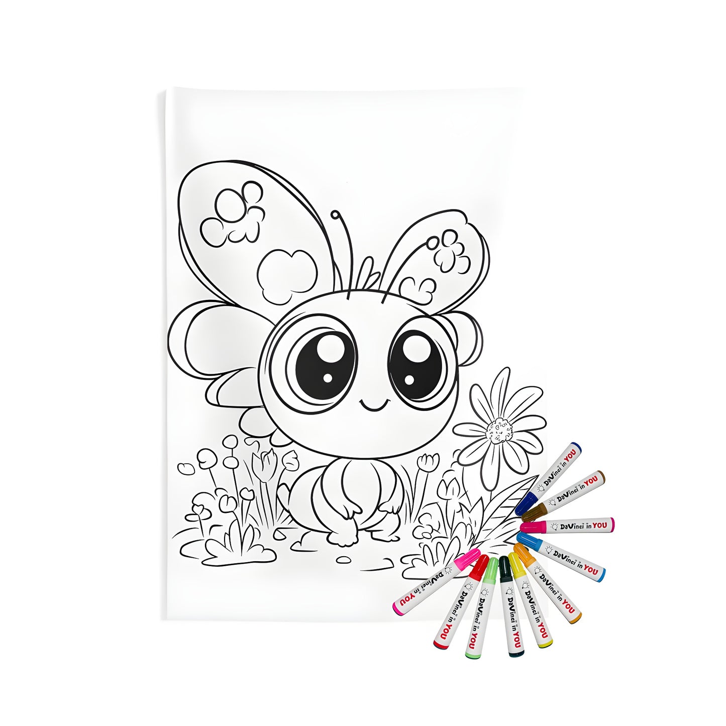 Indoor wall tapestry featuring a cute butterfly design with big eyes and patterned wings sitting among flowers in a garden, perfect for a child's bedroom or nursery