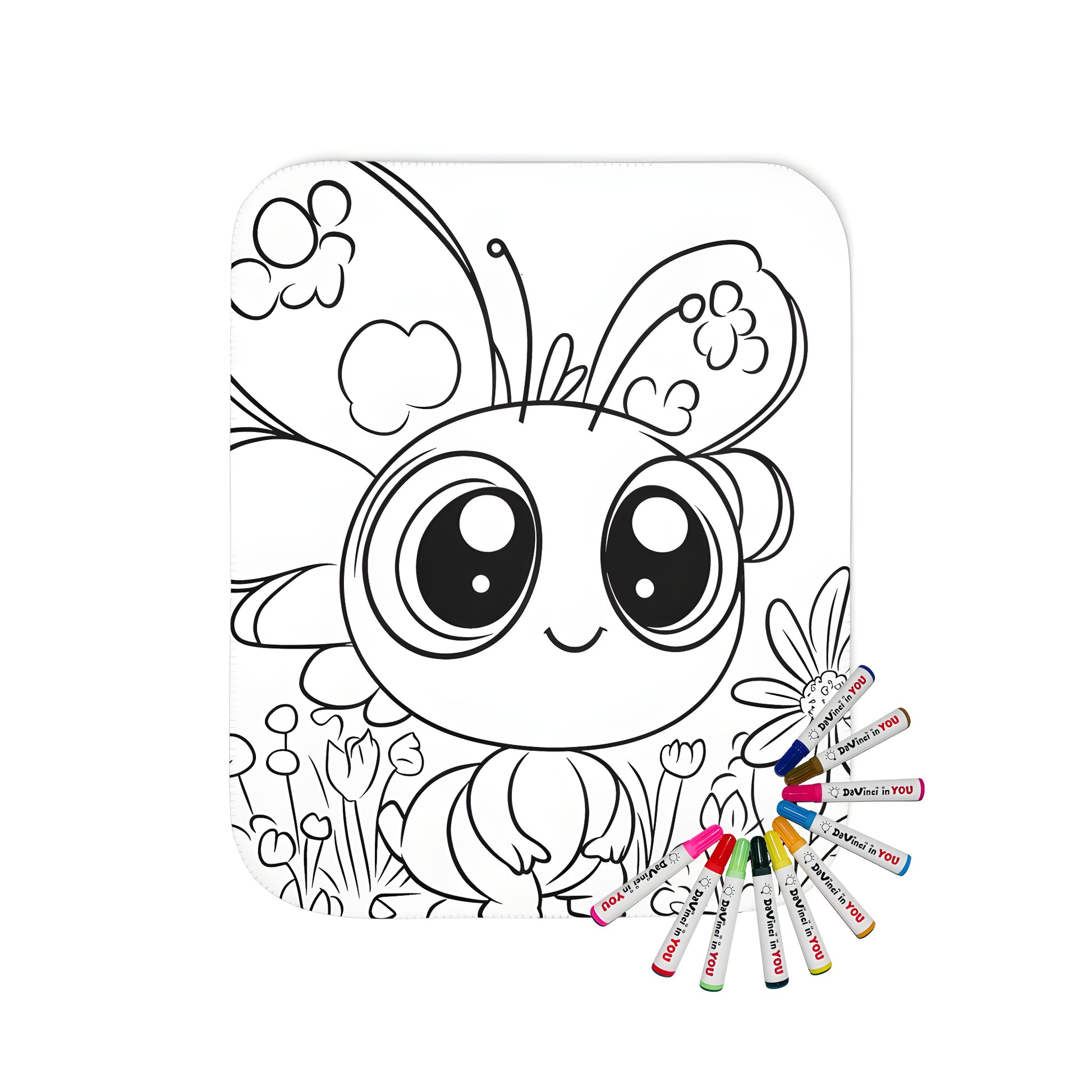 Blanket with cute butterfly design featuring big eyes and patterned wings sitting among flowers