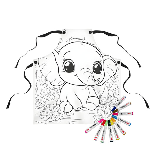 Coloring apron featuring a cute elephant surrounded by flowers in a jungle setting