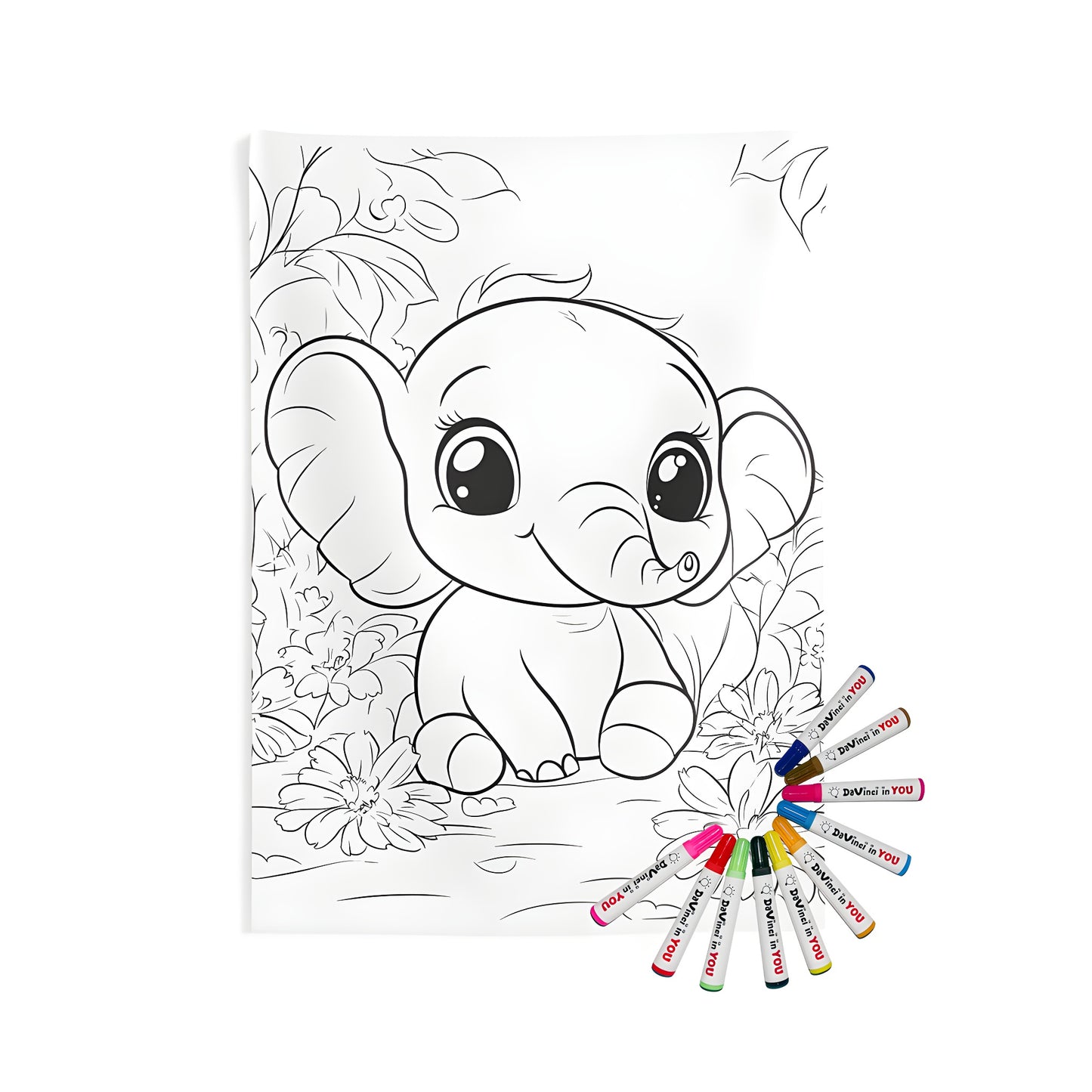 Cute baby elephant wall tapestry with flowers and jungle design