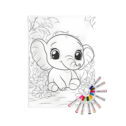 Cute baby elephant wall tapestry with flowers and jungle design