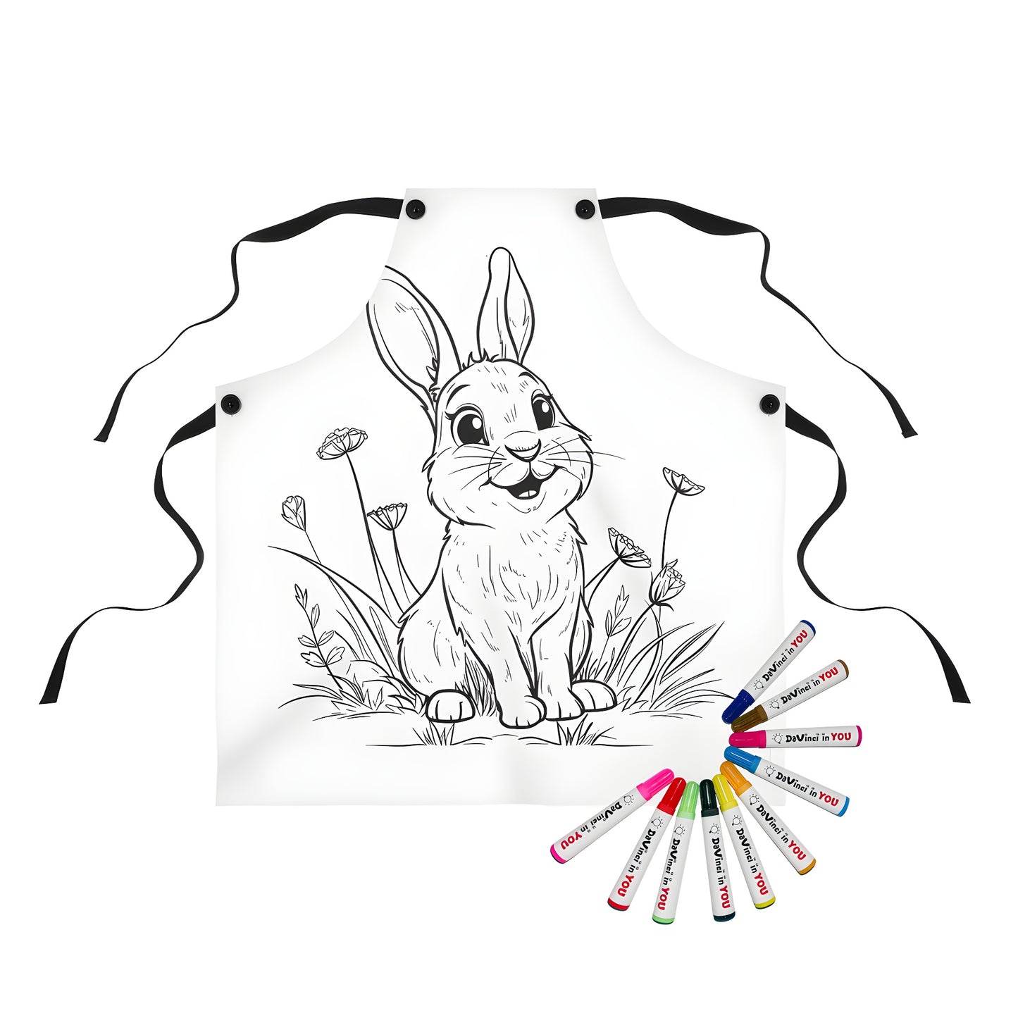 Cute cartoon bunny apron with colorful garden scene, perfect for kids' art supplies