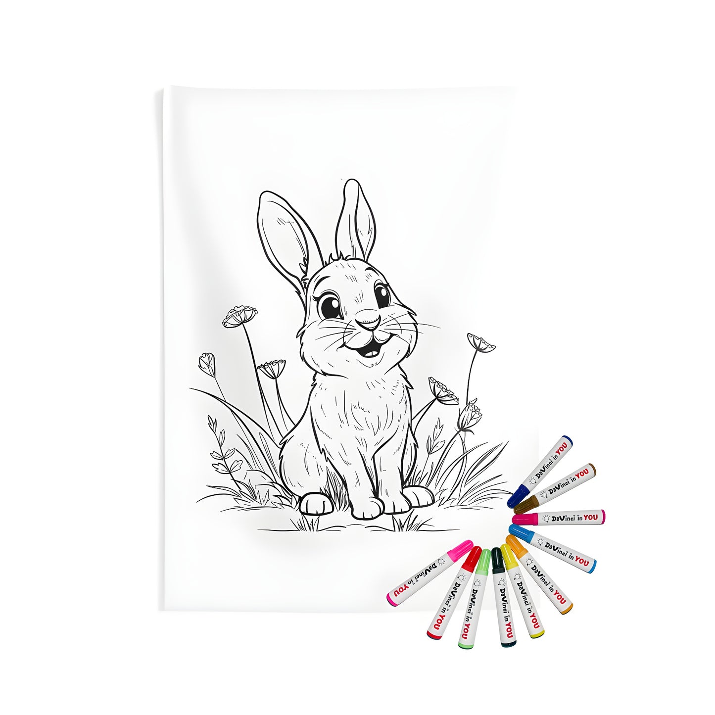 Indoor wall tapestry featuring a colorful bunny illustration, set against a floral background.