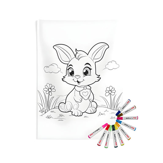 Wall hanging tapestry of cute cartoon bunny with big eyes and heart-shaped collar, surrounded by flowers and clouds