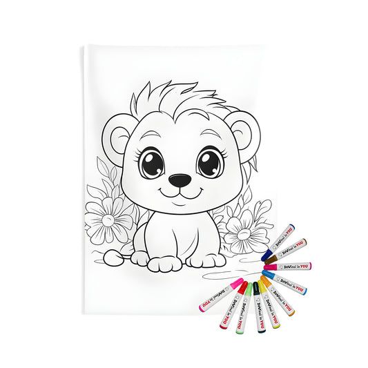 Cute lion wall tapestry for nursery decor, indoor art home wall hanging with fabric markers and coloring kit