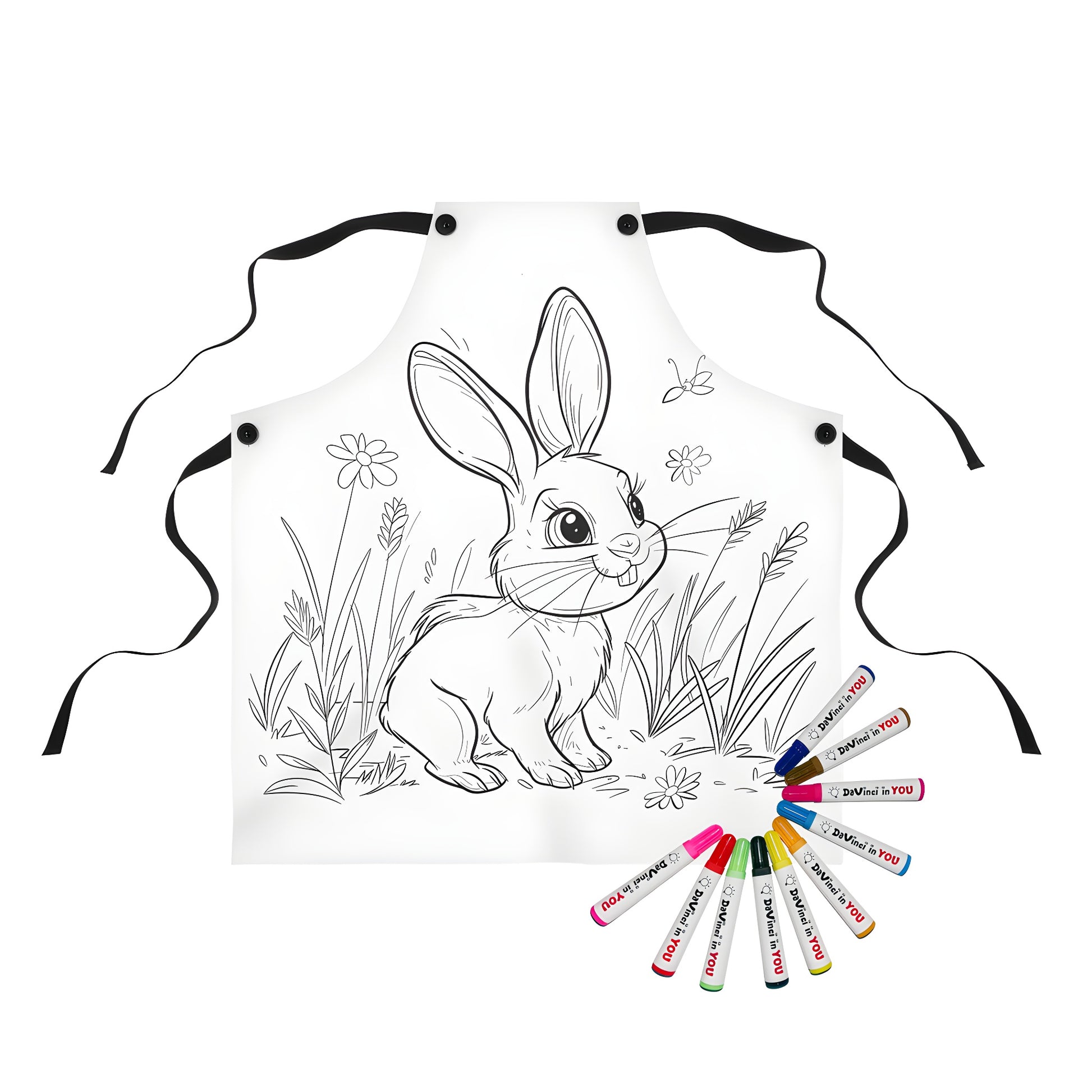 Coloring apron featuring cute bunny design with grassy area, flowers, and insect